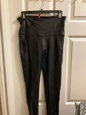 SPANX Black Faux Leather Leggings with Red Brand Tag